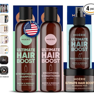 Best Moerie Hair Mega Pack – Shampoo, Conditioner, Hair Mask & Spray for Longer, Thicker, Fuller Hair | Volumizing Growth Care Set – Paraben & Silicone Free – 4-Piece Bundle